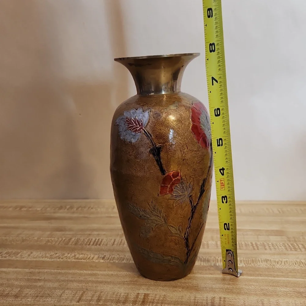 Vintage Enamel on Brass Decorative Vase with a Floral Design